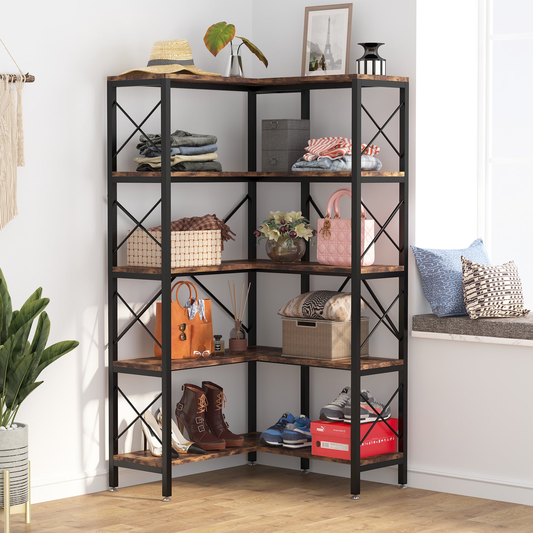 5-Shelf Corner Bookshelf, 65.7 Corner Etagere Bookcase Corner Display Rack