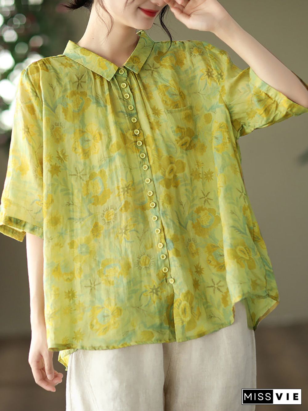 Plus Size Vintage Floral Ramie Casual Summer Women Shirt