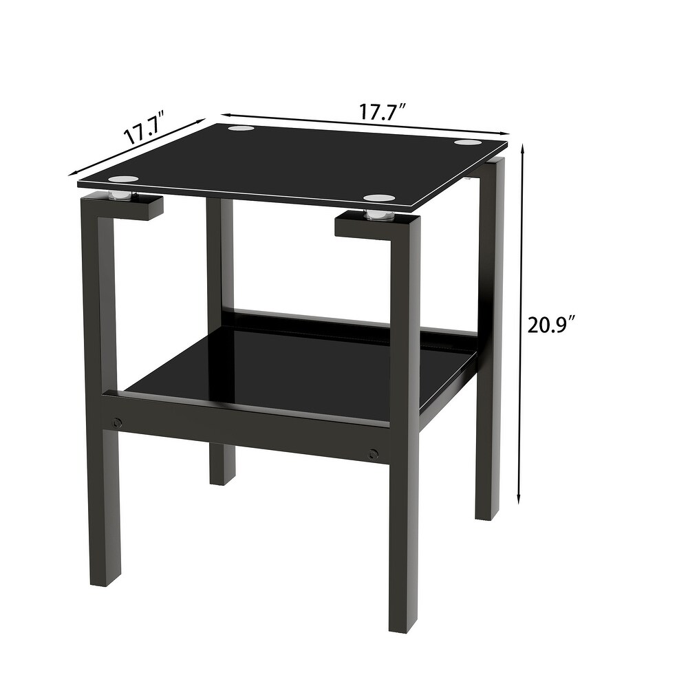 Black Tempered Glass End Table Small Side Table with 2 Layer