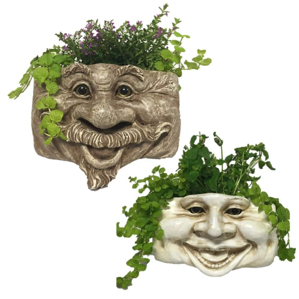 HOMESTYLES Muggly s 2-Piece Uncle Nate Stone Wash and Aunt Minnie Ant. 10.5 in. White Resin Patio Wall Planter 39547B/39645B