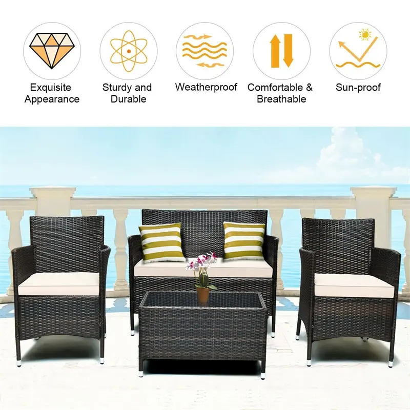 4 Pcs Outdoor Rattan Patio Conversation Set Wicker Furniture Set with Coffee Table and Cushioned Sofas