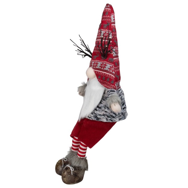 Red And Gray Fair Isle Sitting Gnome Christmas Figure With Led Antlers