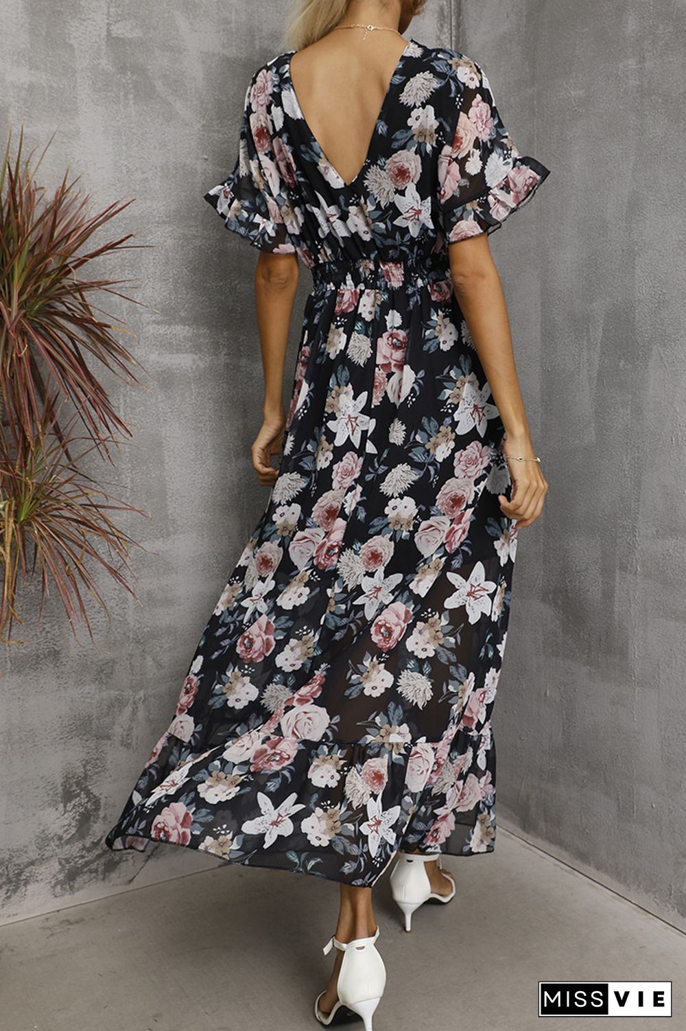 Elegant Floral Split Joint Flounce V Neck Waist Skirt Dresses