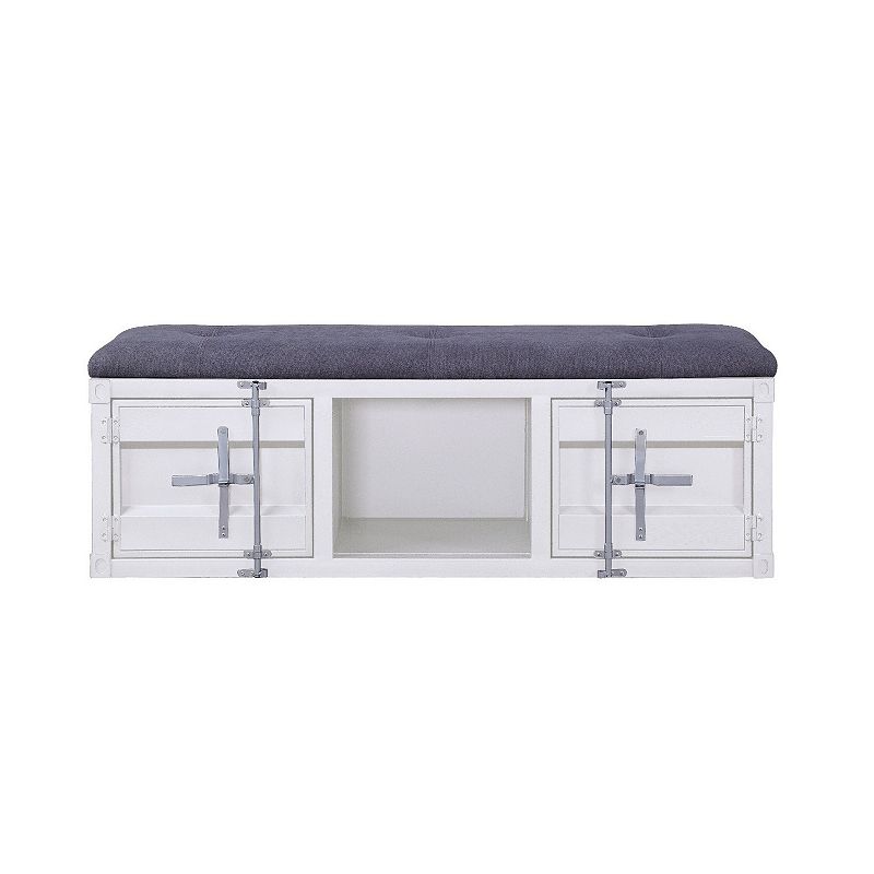 Metal Bench with Open Storage and Tufted Fabric Seat， White and Gray