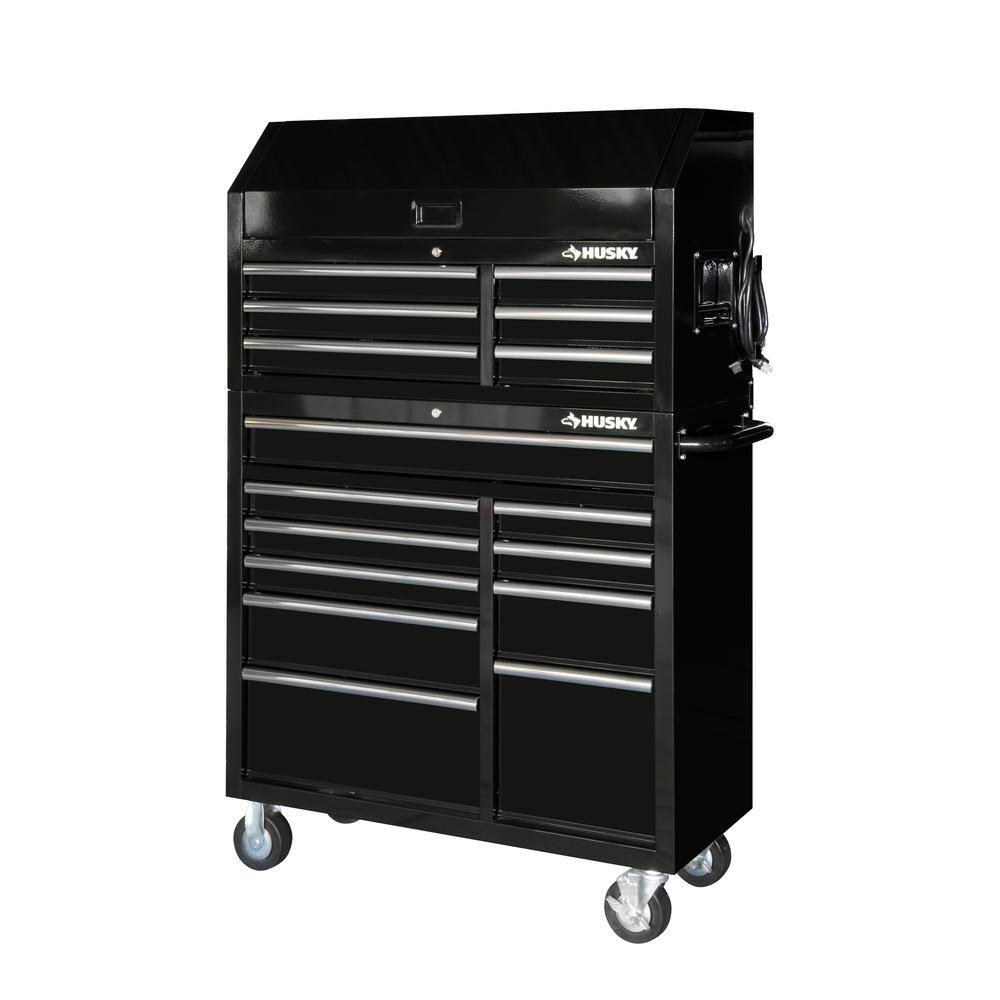 Husky 41 in. W x 24.5 in D Standard Duty 16-Drawer Combination Rolling Tool Chest and Top Tool Cabinet Set in Gloss Black HOTC4116B13S