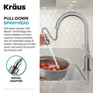 KRAUS Oletto Single Handle Pull-Down Kitchen Faucet in Matte BlackSpot Free Black Stainless Steel KPF-2820MBSFSB