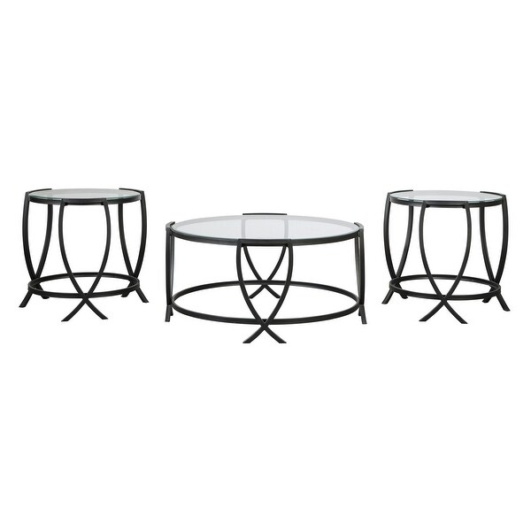 Contemporary Round Table Set with Glass Top and Geometric Metal Body， Black - 3 pieces