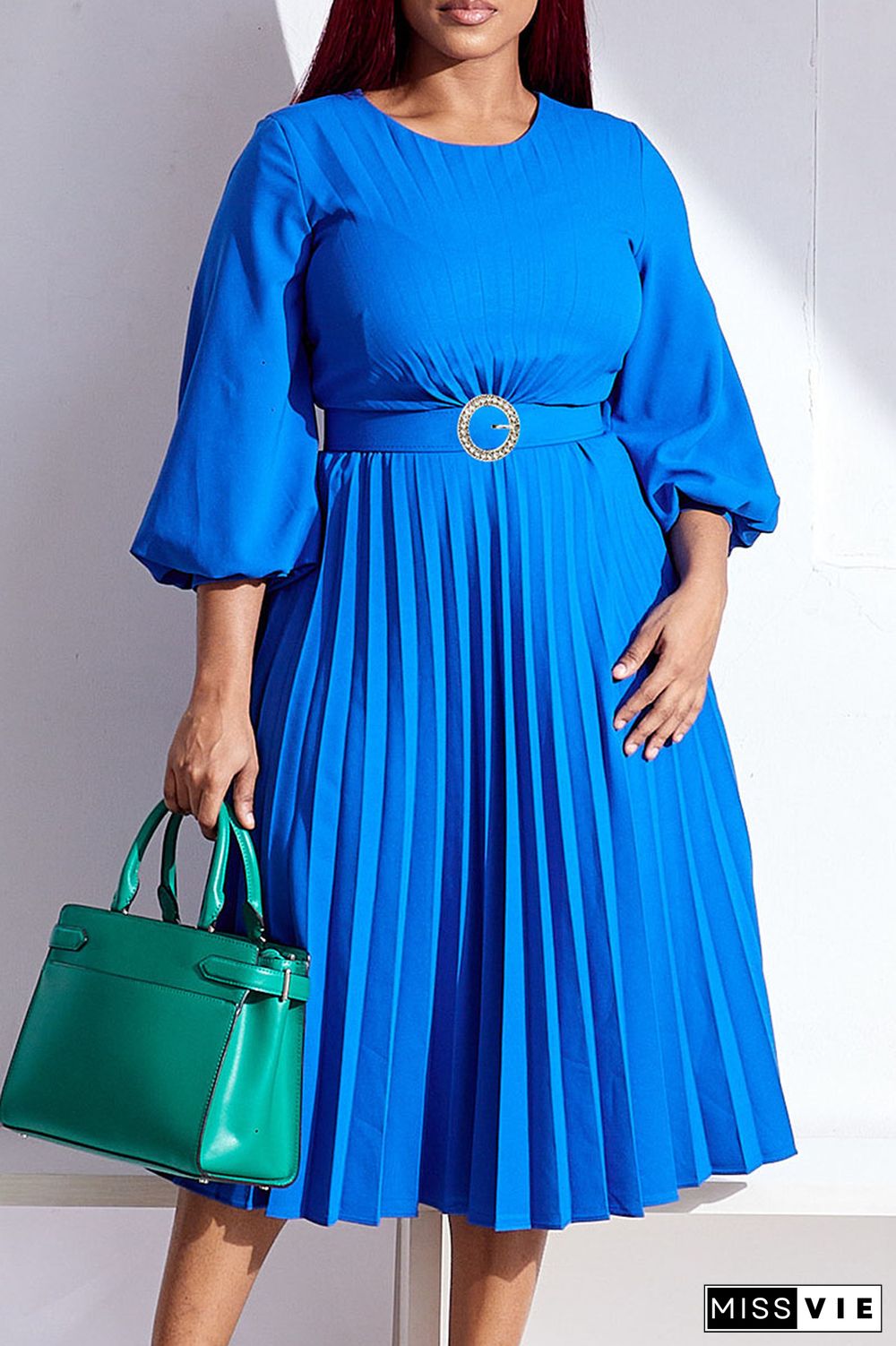 Blue Casual Elegant Solid Patchwork Fold With Belt O Neck Straight Dresses(Contain The Belt)