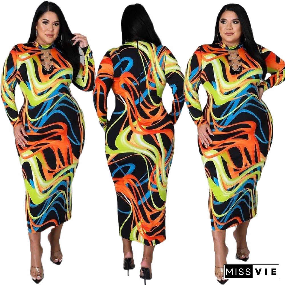 Hollow Out O-neck Long Sleeve Plus Size Dresses