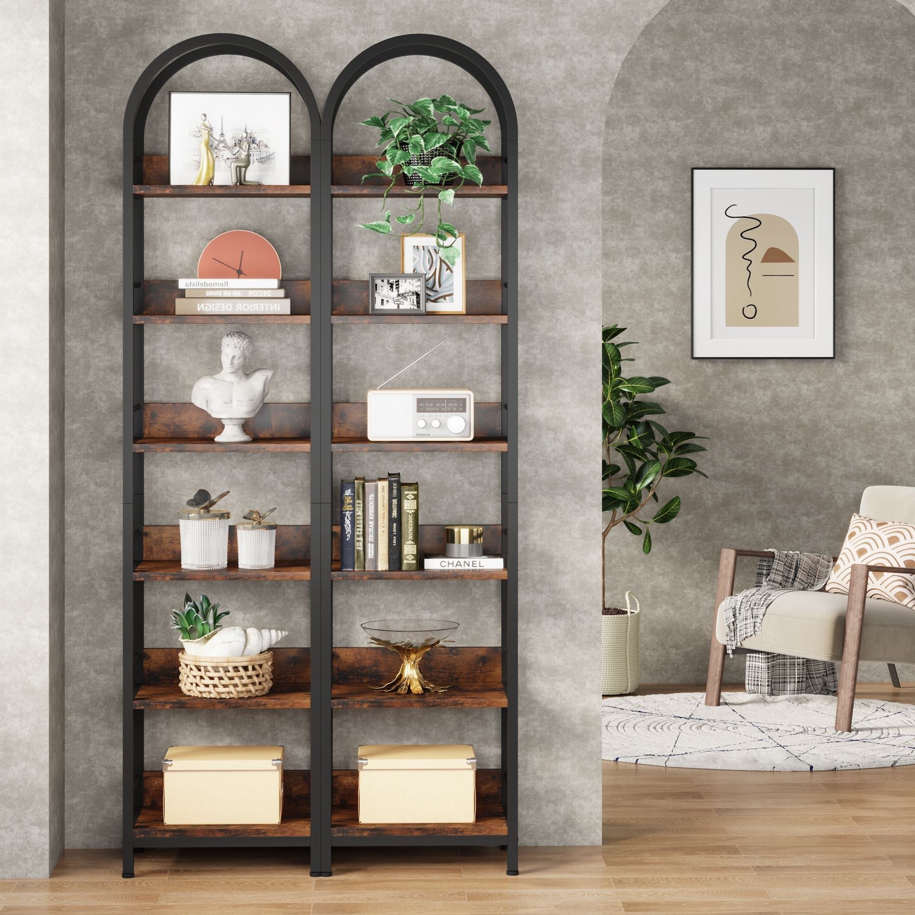 6-Tier Bookshelf, 78.7 Narrow Bookcase Arched Display Shelf