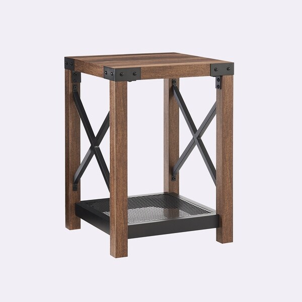 Farmhouse Wood Side Table with Mesh Shelf