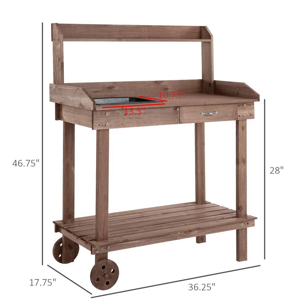 Zeus  Ruta 36.25 in. W x 46.75 in. H Brown Outdoor Garden Potting Bench Table Work with 2 Removable Wheels Sink and Drawer YJ-132