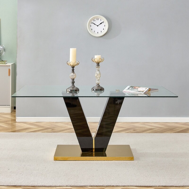 V Shaped Minimalist Large Glass Dining Table for 6 8