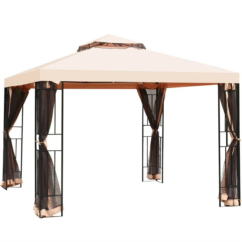 10 x 10 FT Patio Metal Gazebo with Netting, 2 Tier Vented Roof Outdoor Canopy Gazebo Tent