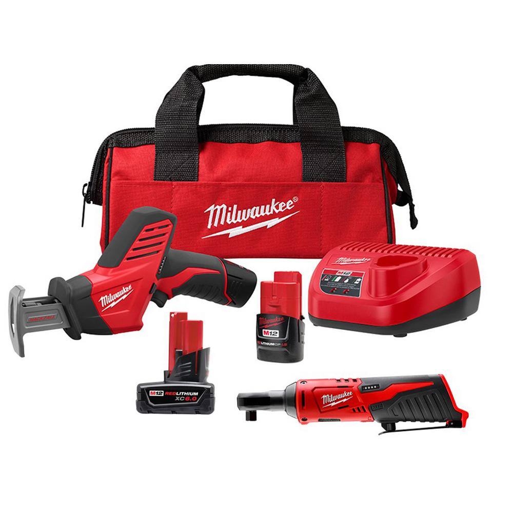 MW M12 12V Lithium-Ion HACKZALL Cordless Reciprocating Saw Kit with M12 38 in. Ratchet and 6.0 Ah XC Battery Pack 2420-21-2457-20-48-11-2460