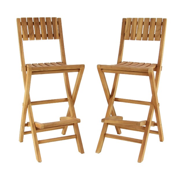 2pk Traditional Teak Wood Patio Bar Stools Brown Olivia amp May Foldable Weather resistant No Assembly Required