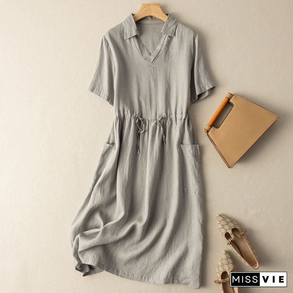 Solid Pocket Drawstring Waist Button Short Sleeve Dress