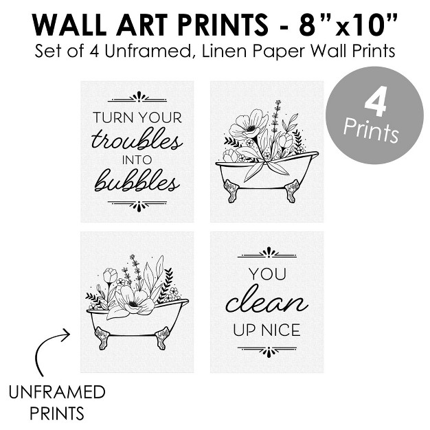 Big Dot Of Happiness Turn Your Troubles Into Bubbles Unframed Bathroom Linen Paper Wall Art Set Of 4 Artisms 8 X 10 Inches Black And White