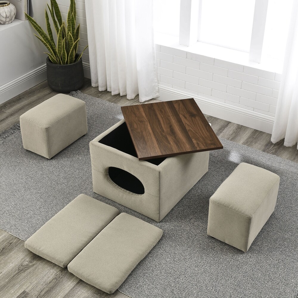 Detachable Lid Footstool Spare Seat Temporary Table Folding Square Storage Cube Seat Low Stool Stool with 2 Cushion