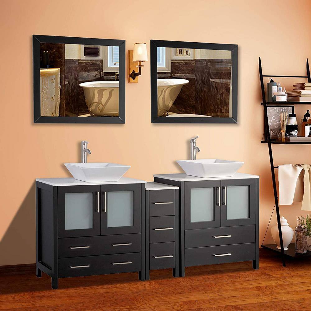 Vanity Art Ravenna 72 in. W Bathroom Vanity in Espresso with Double Basin in White Engineered Marble Top and Mirrors VA3130-72E