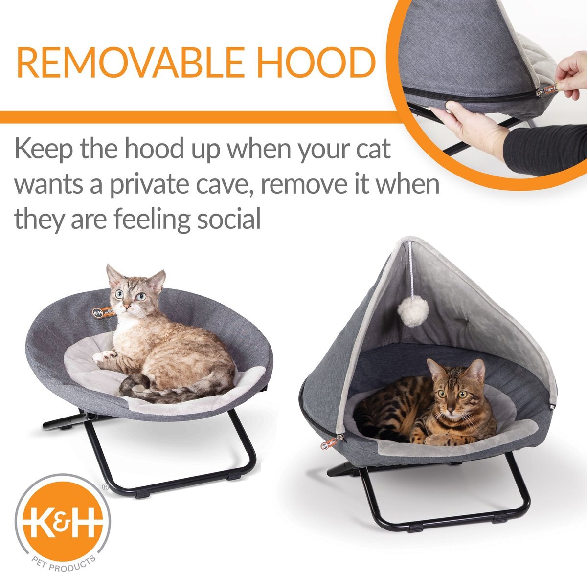 KandH Pet Products 19-in Hooded Elevated Cozy Cat Bed， Gray， Small