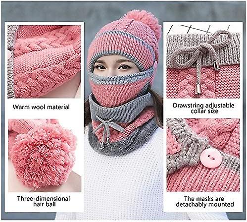 3pcs/set Fashion Women Winter Knitted Hat Thickened Woolen Cap With Warm Mask And Neck Scarf Pink -