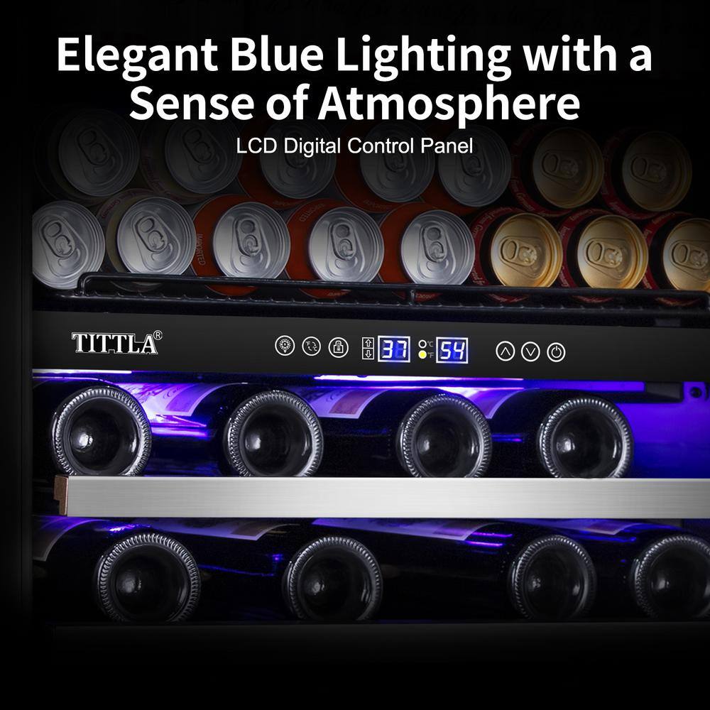 TITTLA 23.47 in. Dual Zone 29-Wine Bottles  90-Cans Beverage  Wine Cooler in Silver Reversible Door Hinge Interior Blue LED KMYC150-2