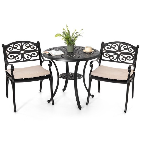 Nuu Garden Patio 3Piece Cast Aluminum Bistro Set with Umbrella Hole and Cushions