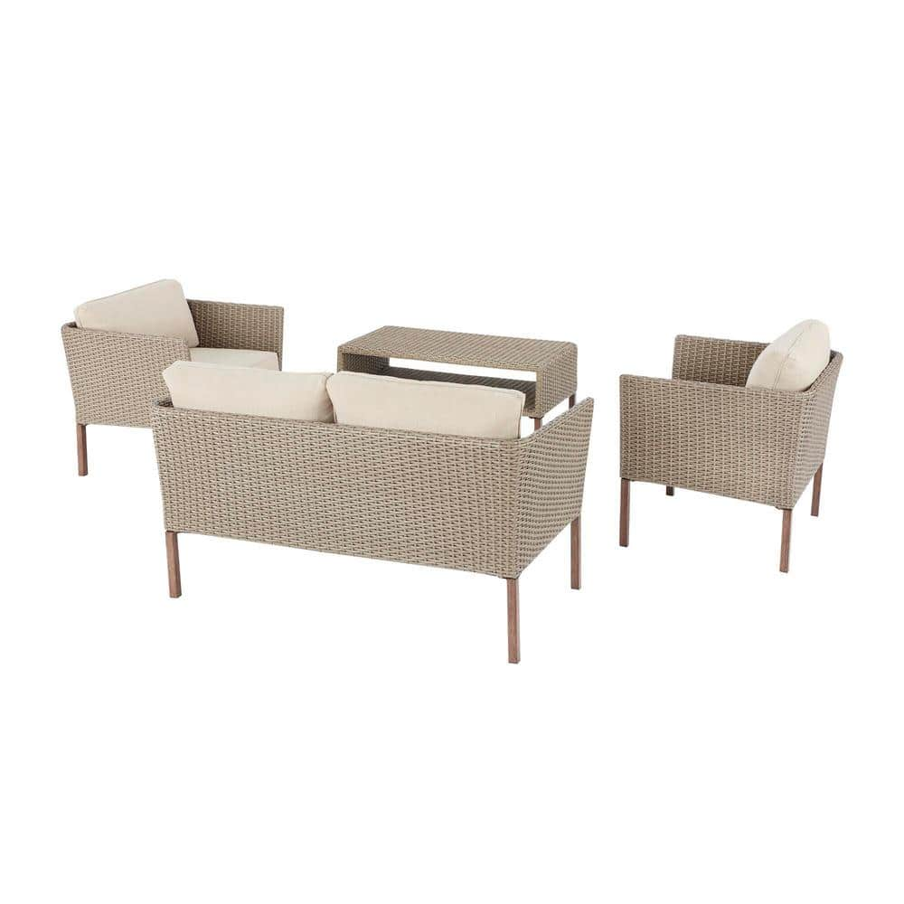 StyleWell Oakshire 4-Piece Wicker Outdoor Deep Seating Set with Tan Cushions 629