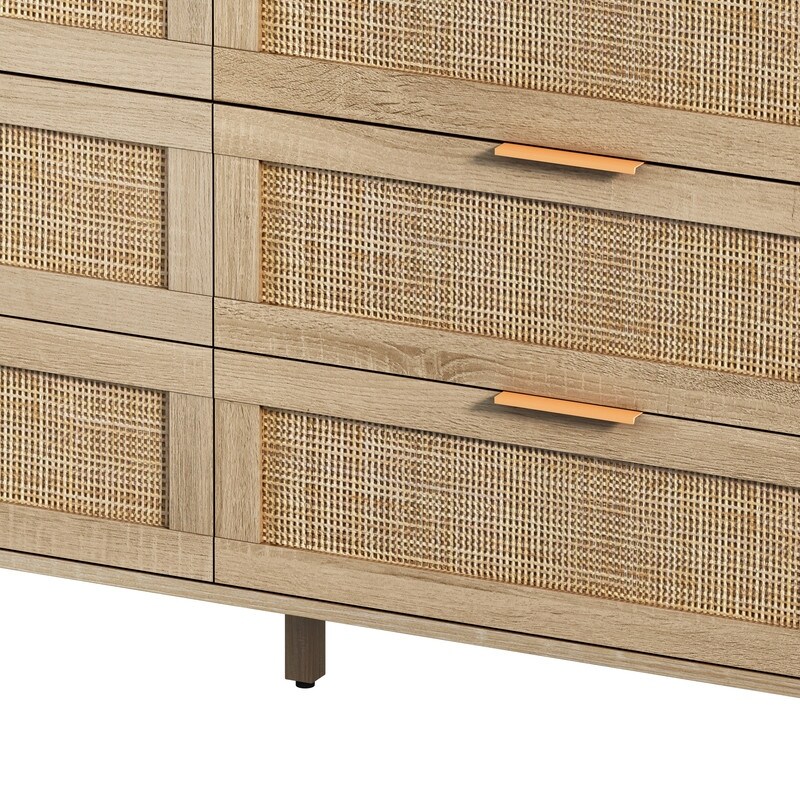 6 Drawer Dresser  Modern Rattan Dresser Chest with Wide Drawers  Farmhouse Storage Chest of Drawers for Bedroom  Living Room