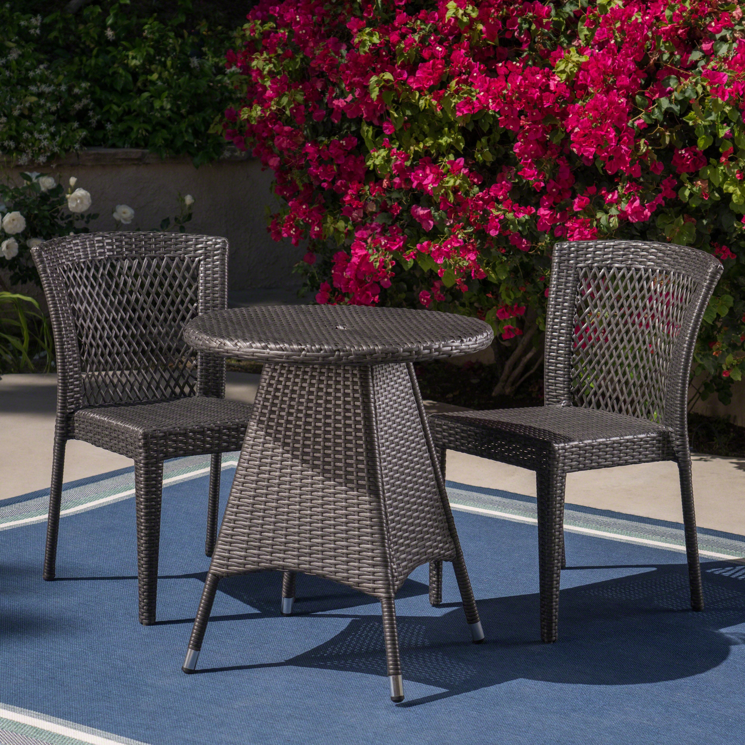 Hale Outdoor 3 Piece Wicker Bistro Set, Grey