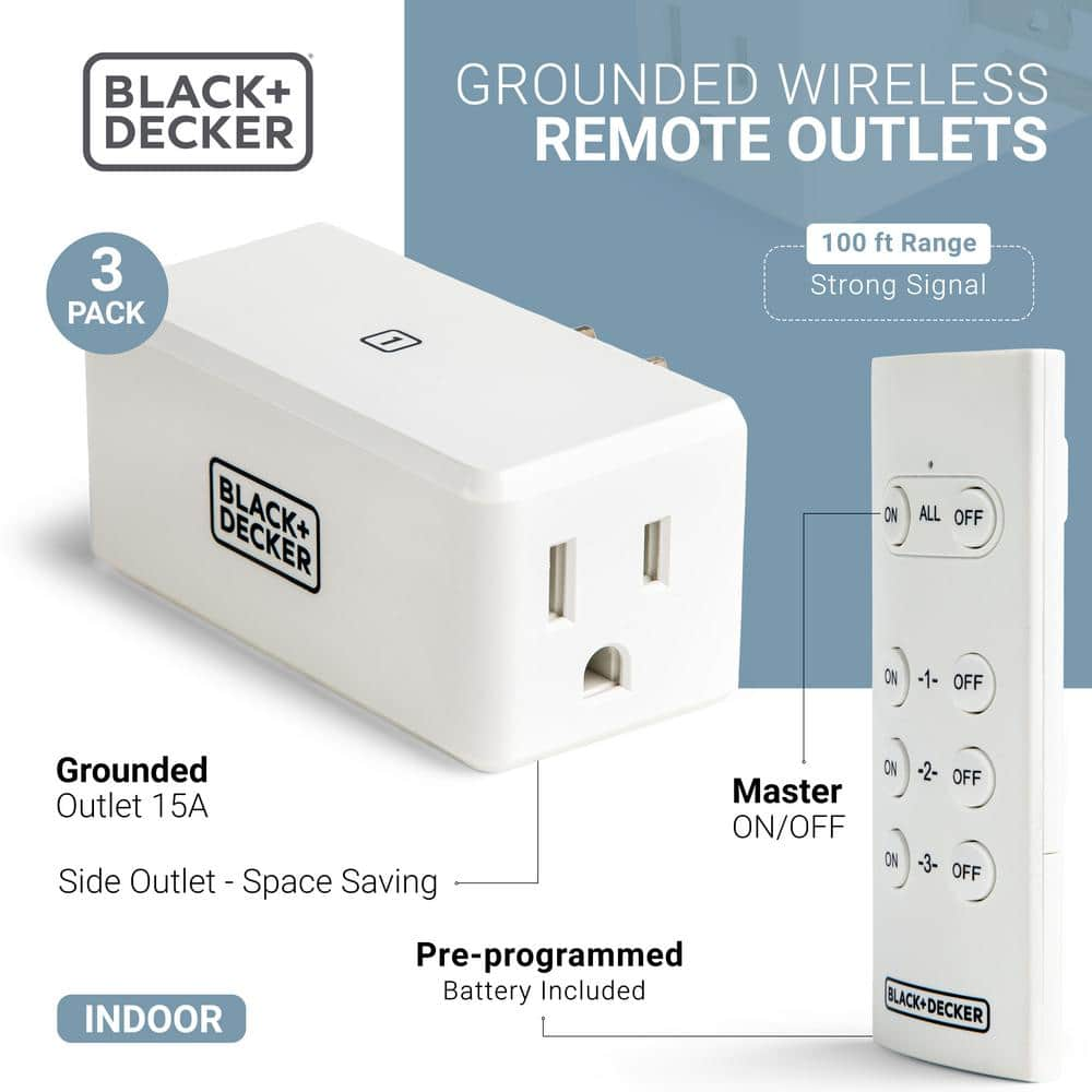 BLACK+DECKER 1 Amp to 15 Amp Plug-In Indoor Wireless Remote Control System with 3 Smart Adapters Grounded and 1 Remote, White BDXPA0002