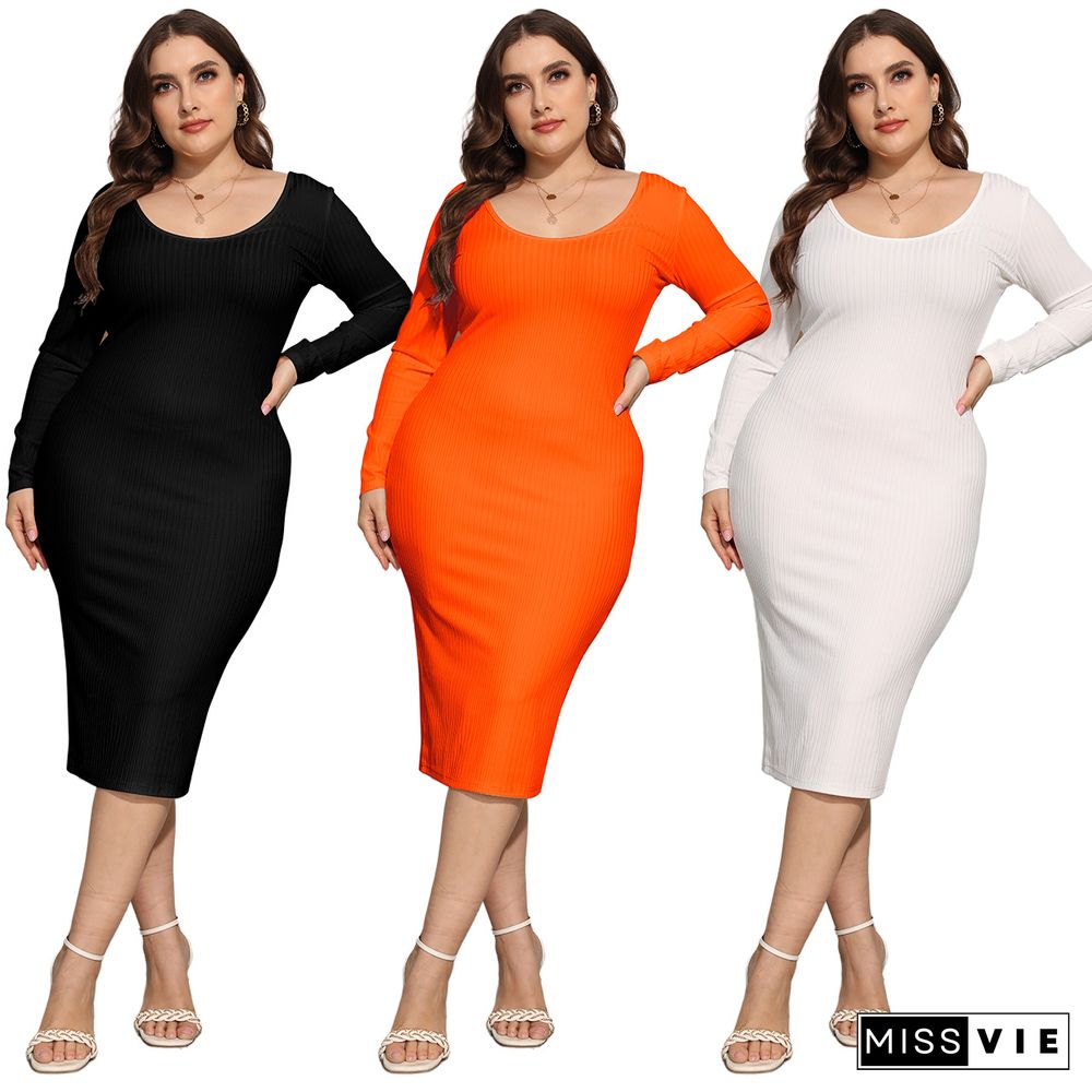 Knitting Long Sleeve Solid Color Plus Size Dress