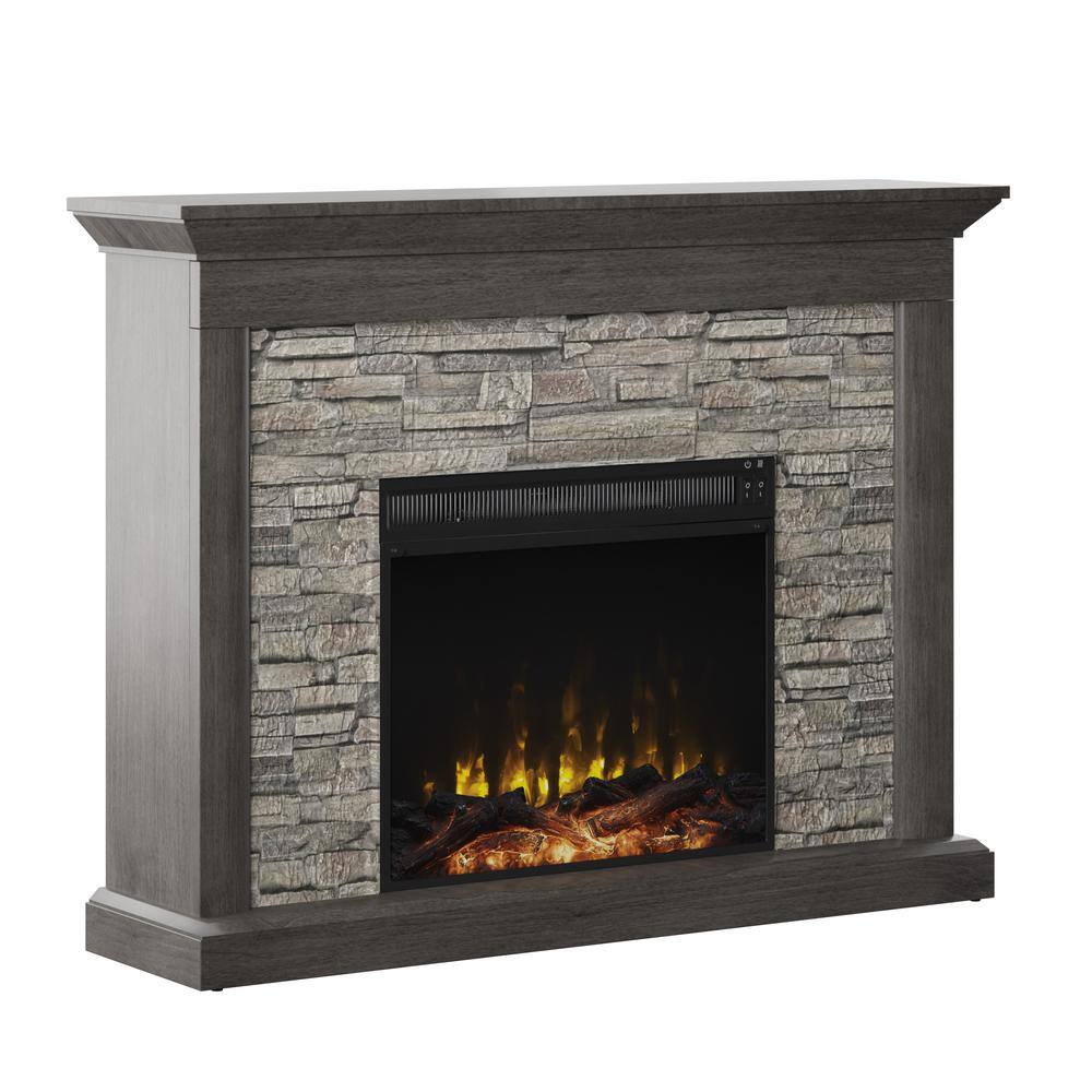 Twin Star Home Rustic 47.38 in. Freestanding Wooden Electric Fireplace with Stacked Stone Look in Weathered Gray 143047