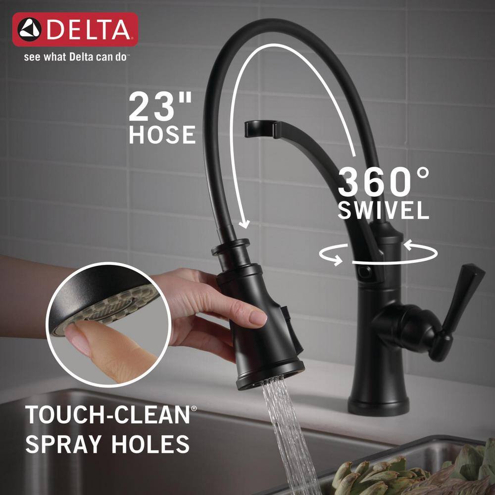 Delta Foundry Single-Handle Pull-Down Sprayer Kitchen Faucet with ShieldSpray and Soap Dispenser in Matte Black 19744Z-BLSD-DST