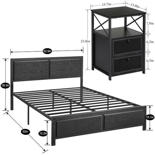 Industrial 3 Piece Bedroom Set Platform Bed Frame and Nightstands Set of 2， Black - - 37127705