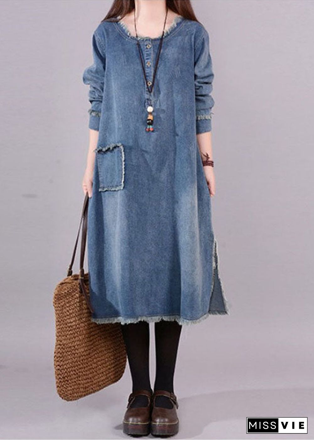 Art Blue O-Neck Pockets Button Denim Fall Long sleeve Dress