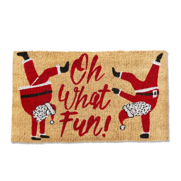 Oh What Fun Sentmeint Dancing Santa Coir Mat Rectangle Indoor Outdoor Coir Door Mat Red On Brown Background