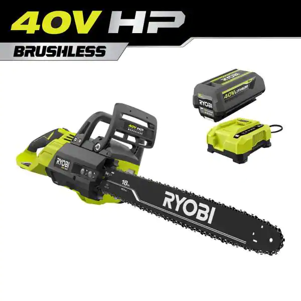 RYOBI RY40580 40V HP Brushless 18 in. Cordless Battery Chainsaw with 5.0 Ah Battery and Charger