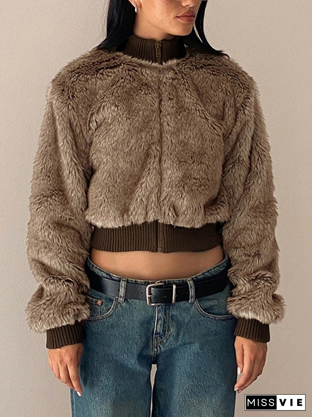 Fuzzy Ribbed Splice Zip Up Short Jacket