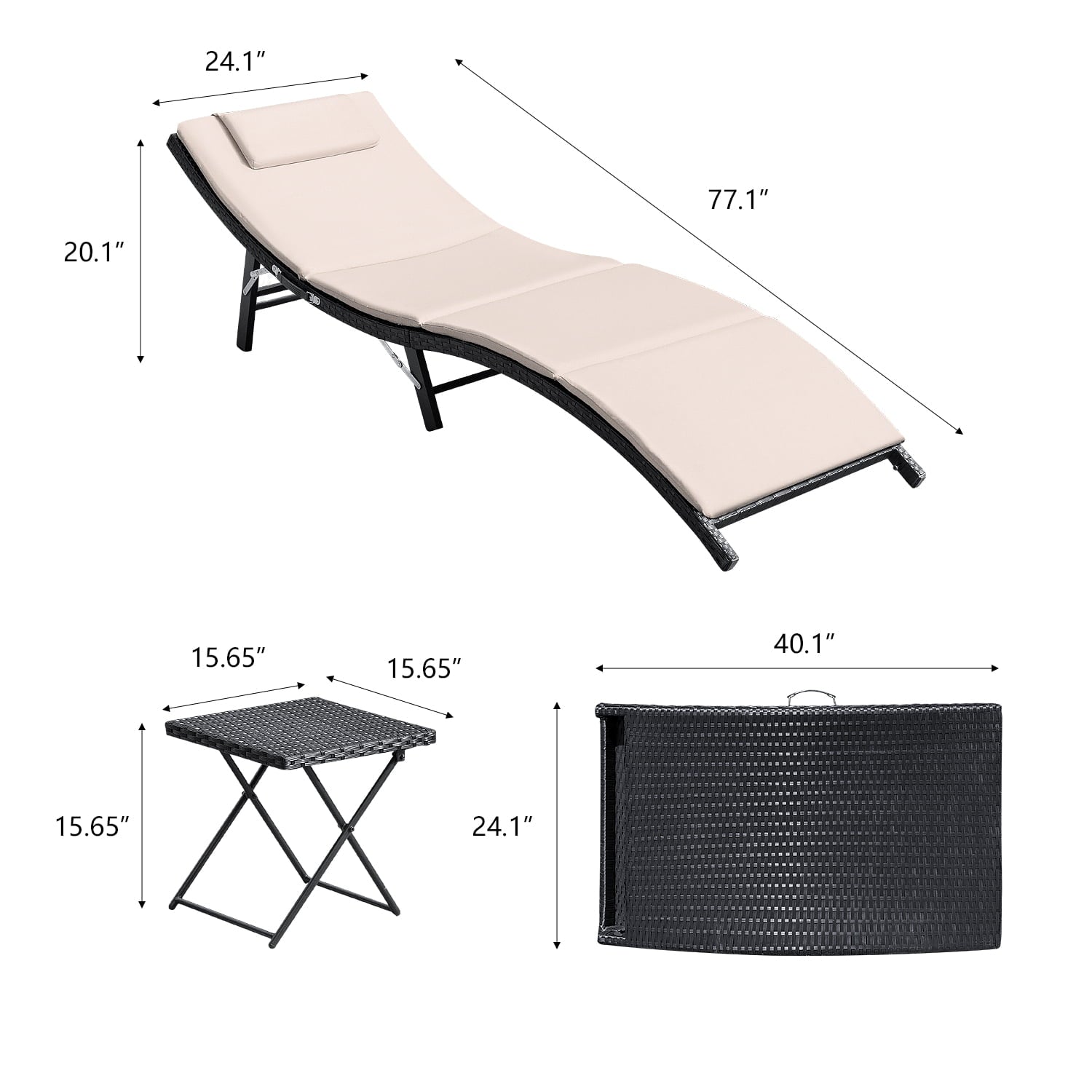 Devoko 3 Pieces Patio Lounge Chaise Chair Set Outdoor PE Rattan Folding Chair Sets with Table, Beige