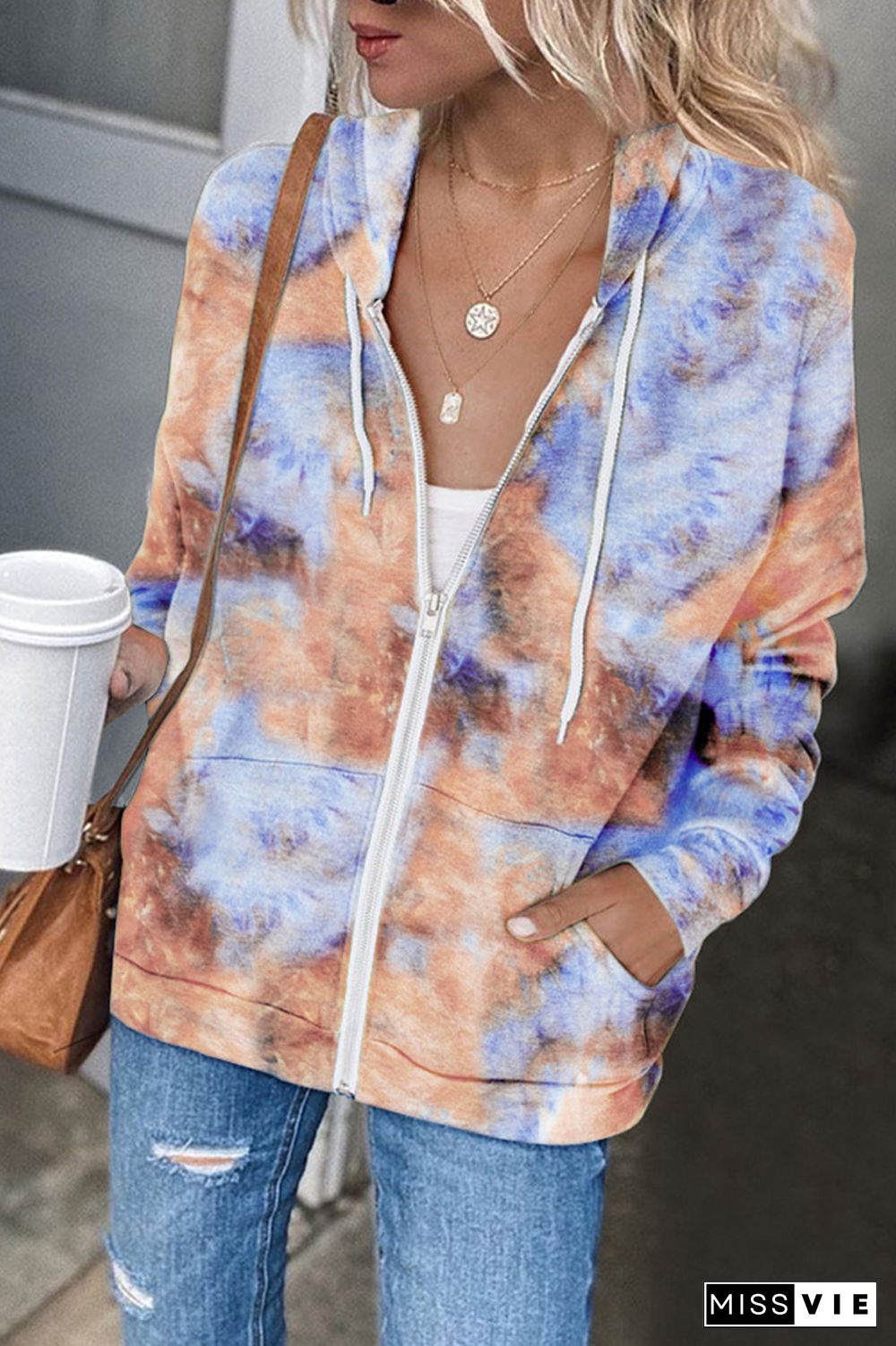 Tie Dye Zipper Long Sleeve Hoodie Coat