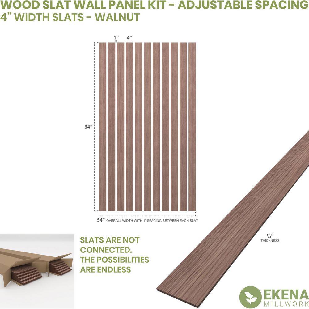 Ekena Millwork 94-in H x-14-in T Adjustable Wood Slat Wall Panel Kit w4-in W Slats Walnut (contains 11 Slats) SWW55X94X0250WA