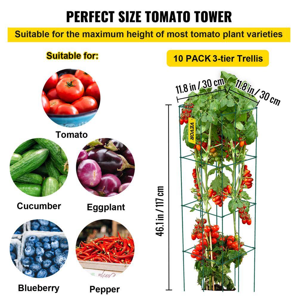 VEVOR 11.8 in. x 11.8 in. x 46.1 in. Tomato Cages Square Plant Support Cages Green Steel Tomato Towers for Plants (10-Pack) FXKZDFQZZ12468SD0V0