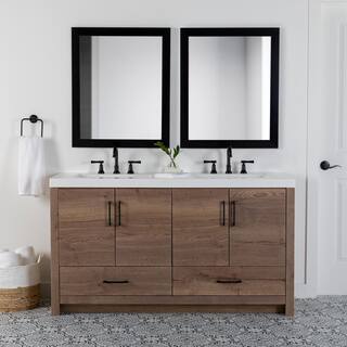 Home Decorators Collection Radien 60.5 in. W x 18.75 in. D x 34.14 in. H Bath Vanity in Halifax Oak with White Cultured Marble Top RN60P2-HO