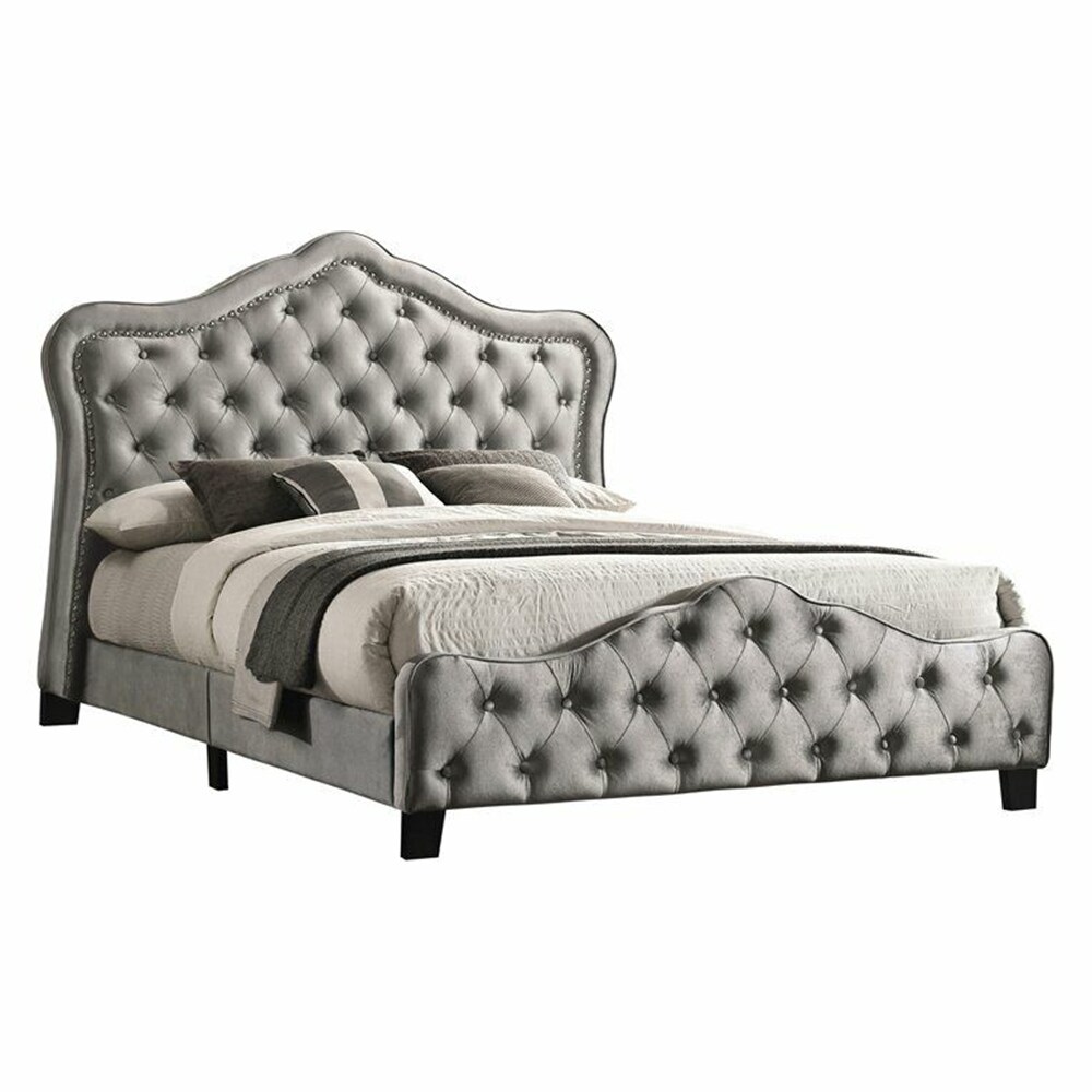 Upholstered Tufted Velvet California King Panel Bed in Gray