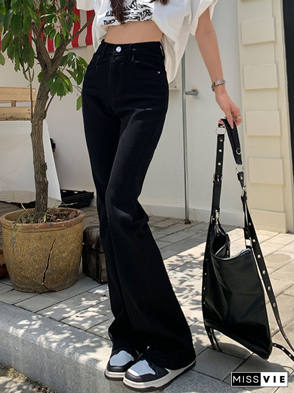 Versatile Black High Waist Stretchy Lengthen Flare Jeans