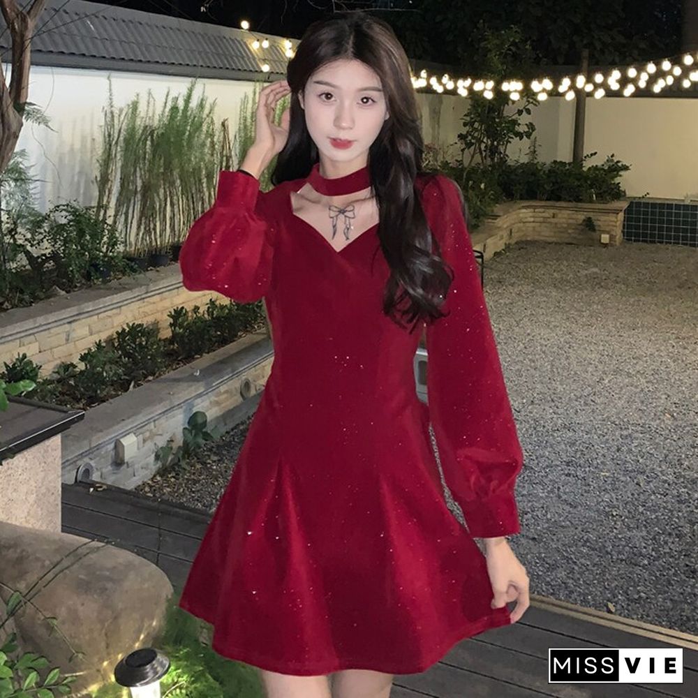 Spring Autumn Sexy Christmas Flash Powder Red Dress Women Long Sleeve Off Shoulder Mini Dress Korean Fashion Lady Dress New