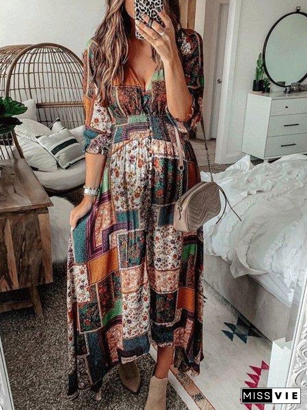 Bohemian Print V-Neck Long Sleeve Dress