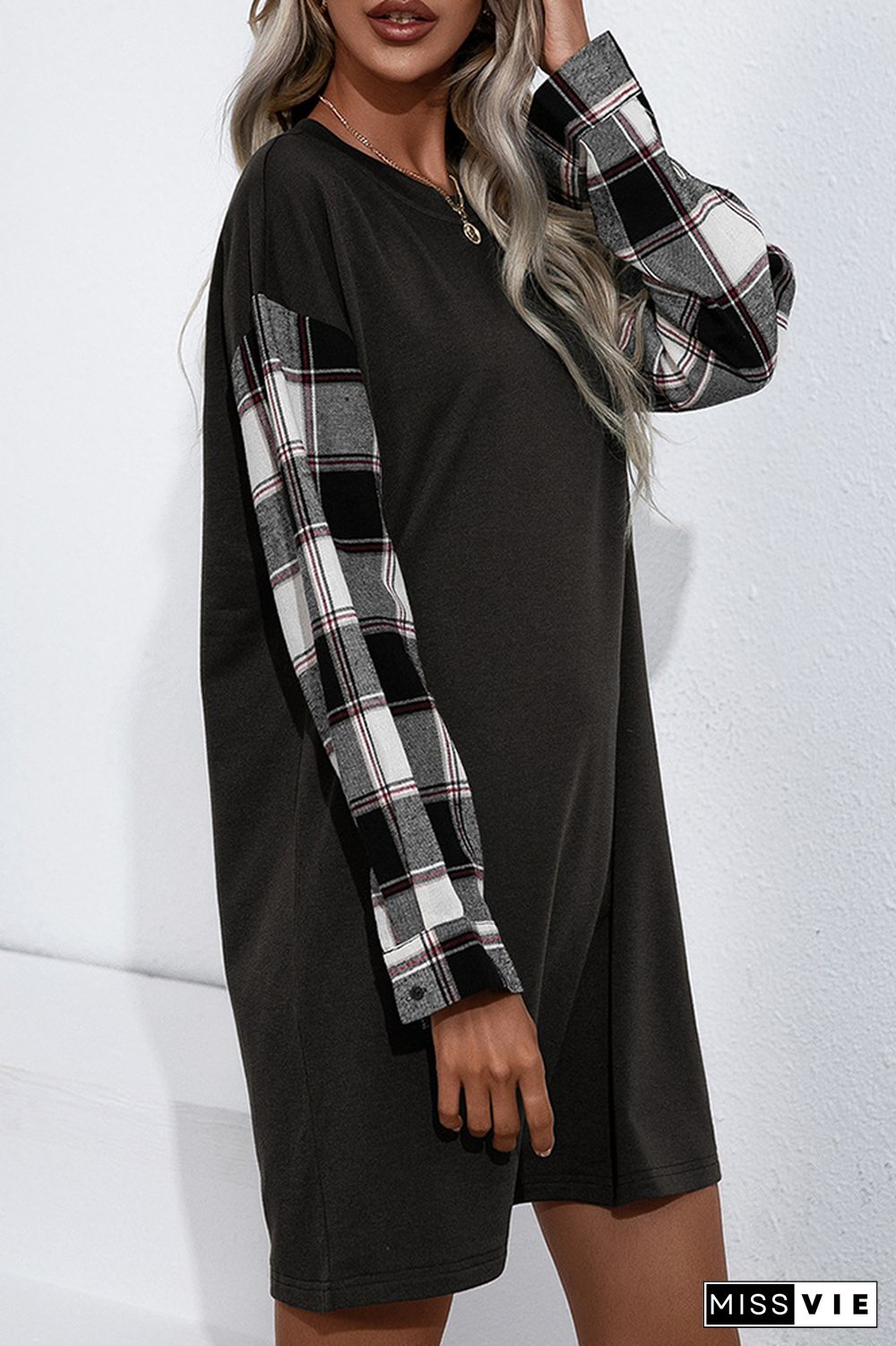 Plaid Splicing Long Sleeve T-shirt Dress Wholesale